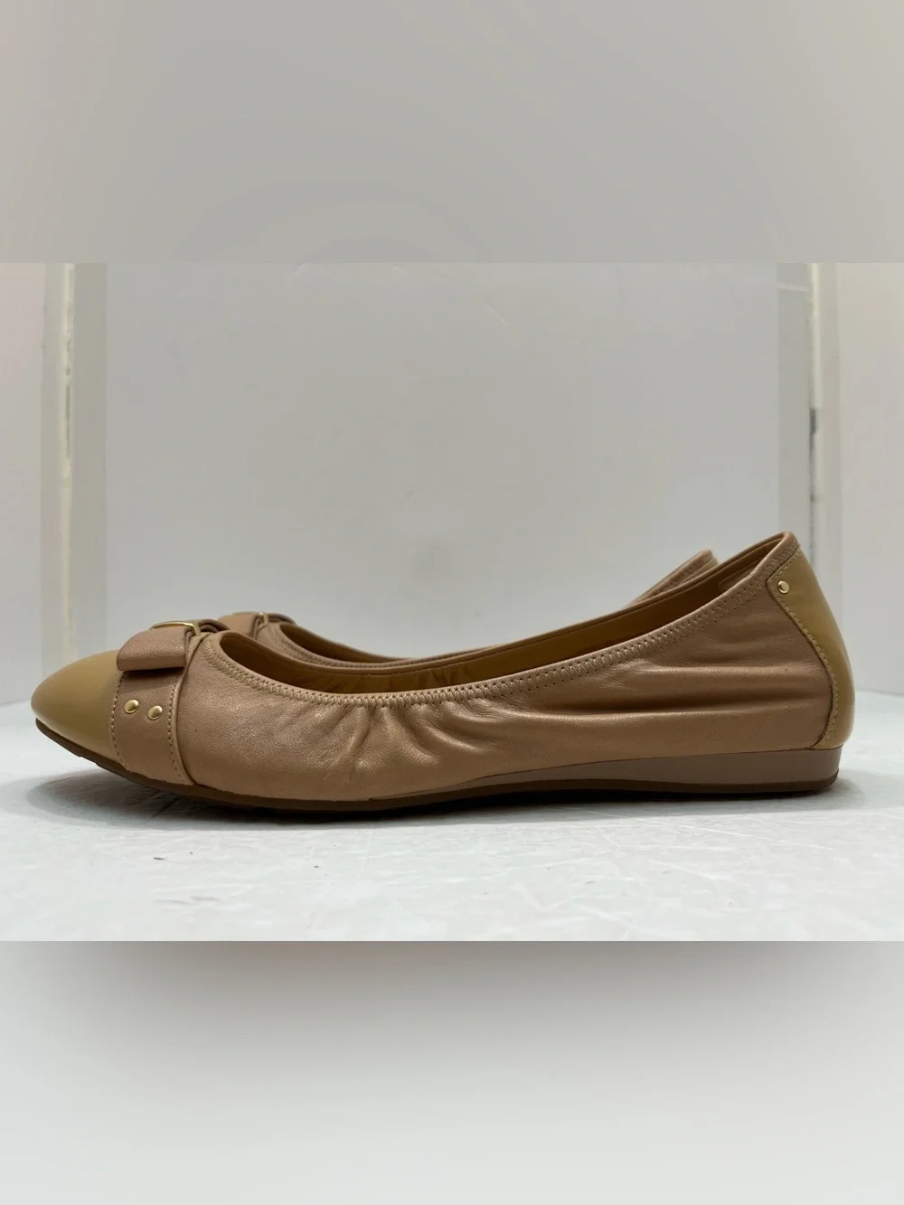 Cole Haan Nike Air Monica Ballet Flats Tan Leather Cap Toe Bow D41662 Women 8.5B